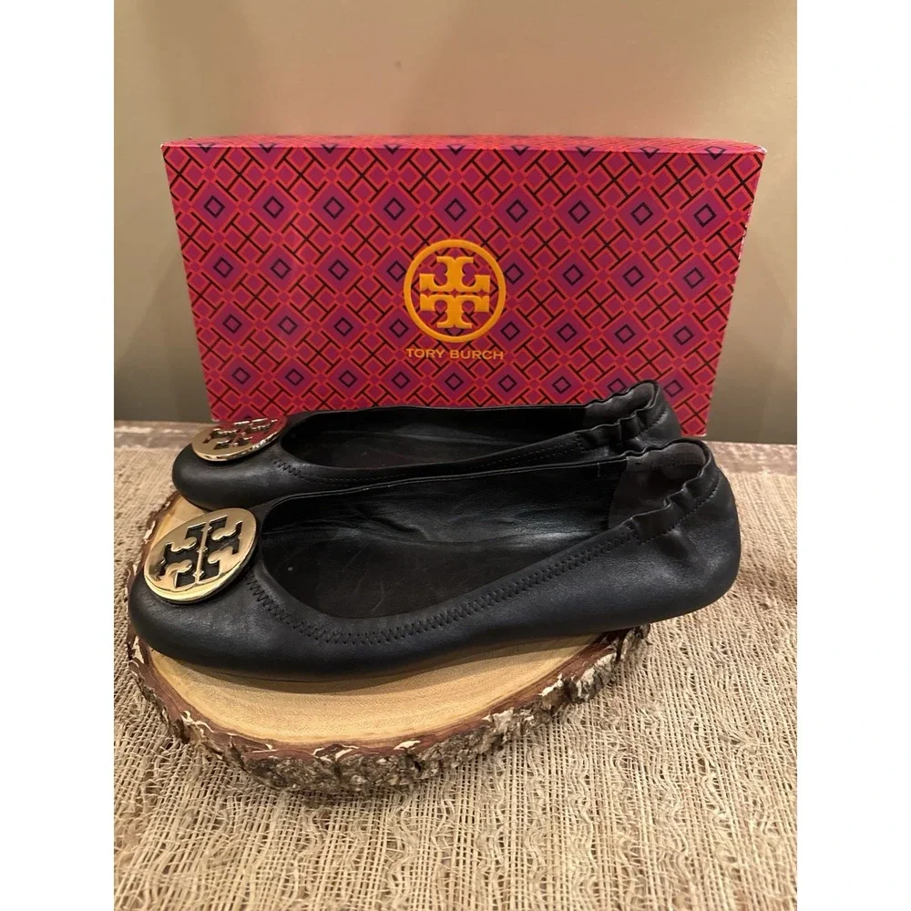 Tory Burch Minnie Travel Ballet Flats Black Leather Gold Logo Sz-10M